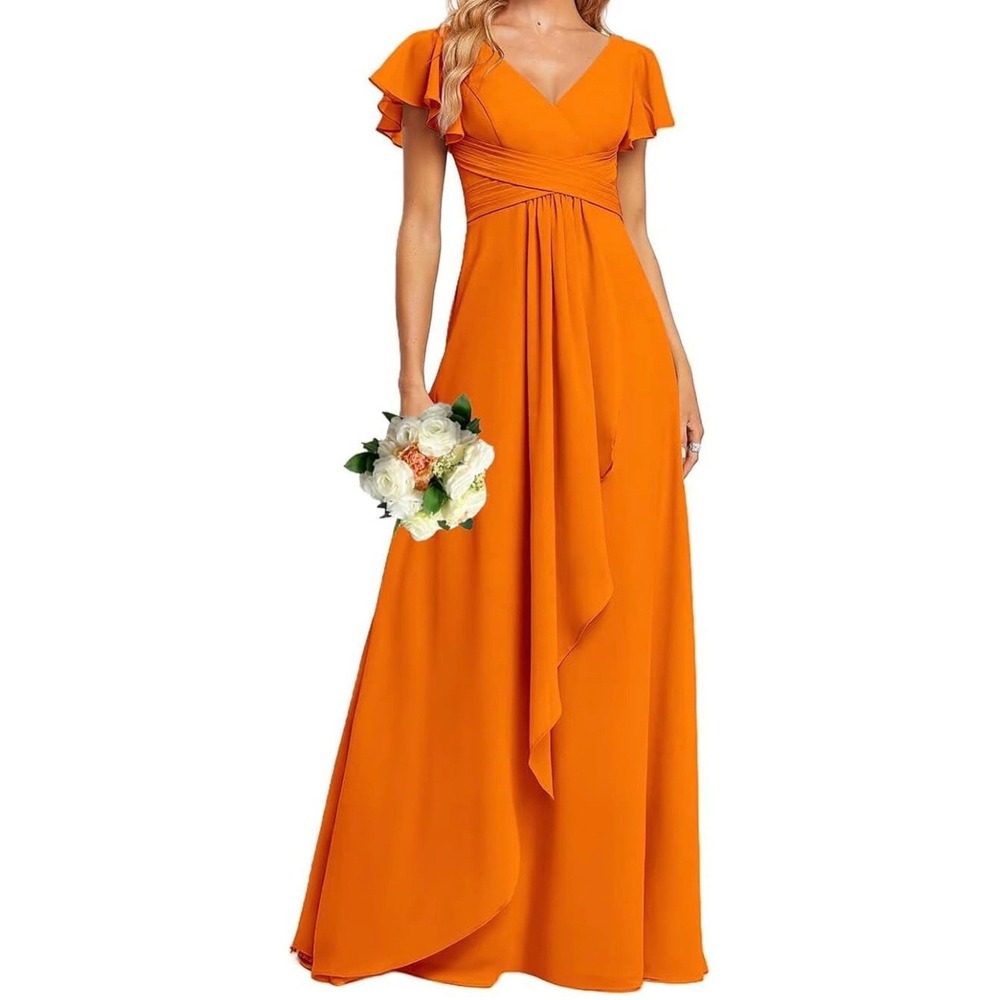Orange Chiffon V-Neck Flutter Sleeve Lace Up Back Formal Maxi Dress